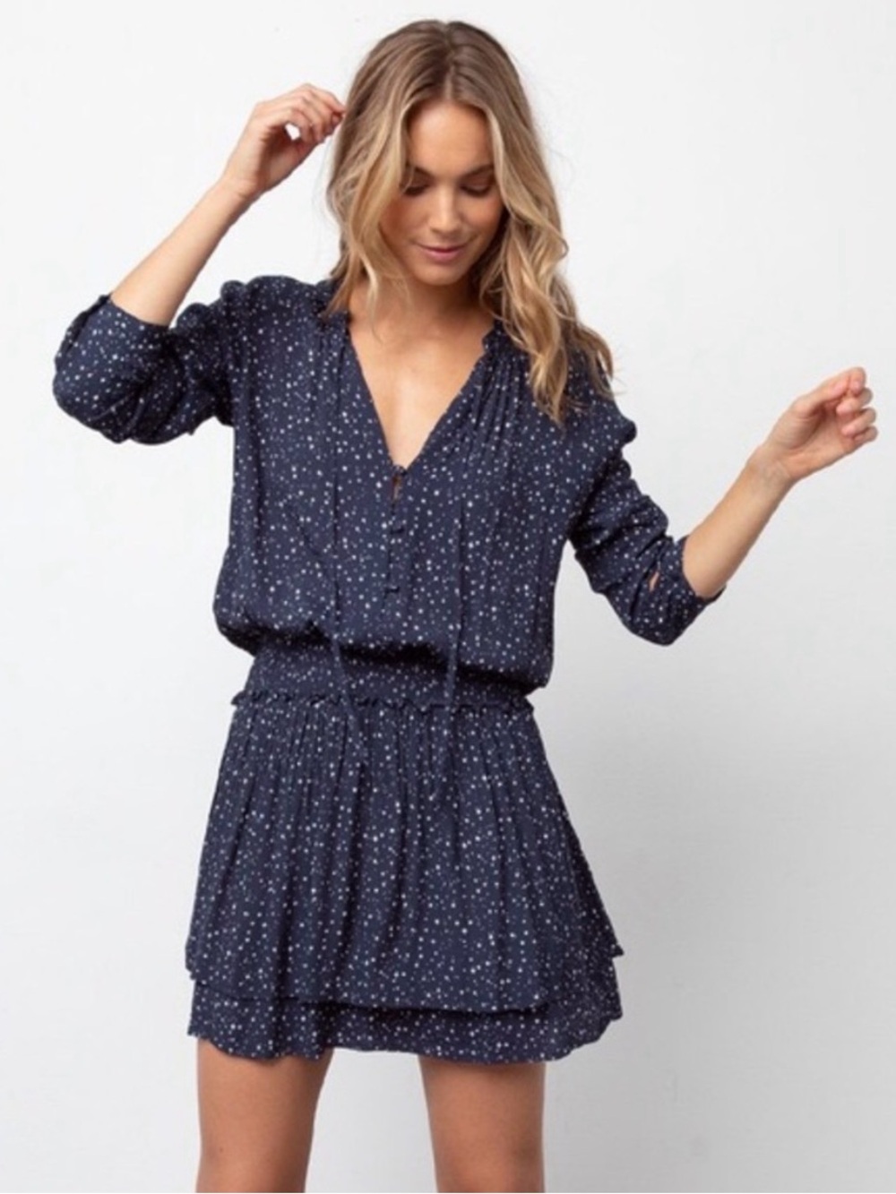 Rails Jasmine Navy Nova Star Print Flowy Tiered Long Sleeve Dress, Size XS